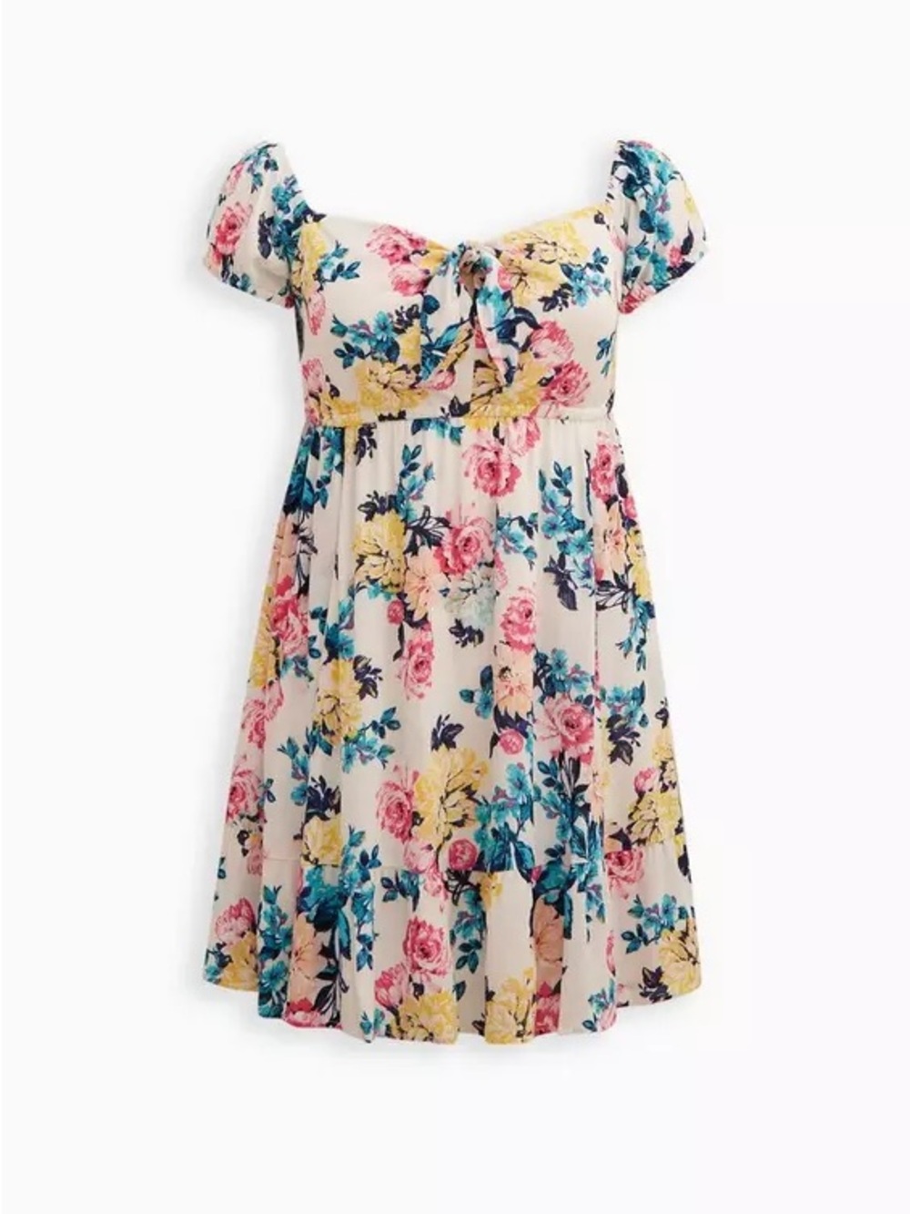 torrid Cream Floral Mini Dress with Pink Yellow Blue Blooms